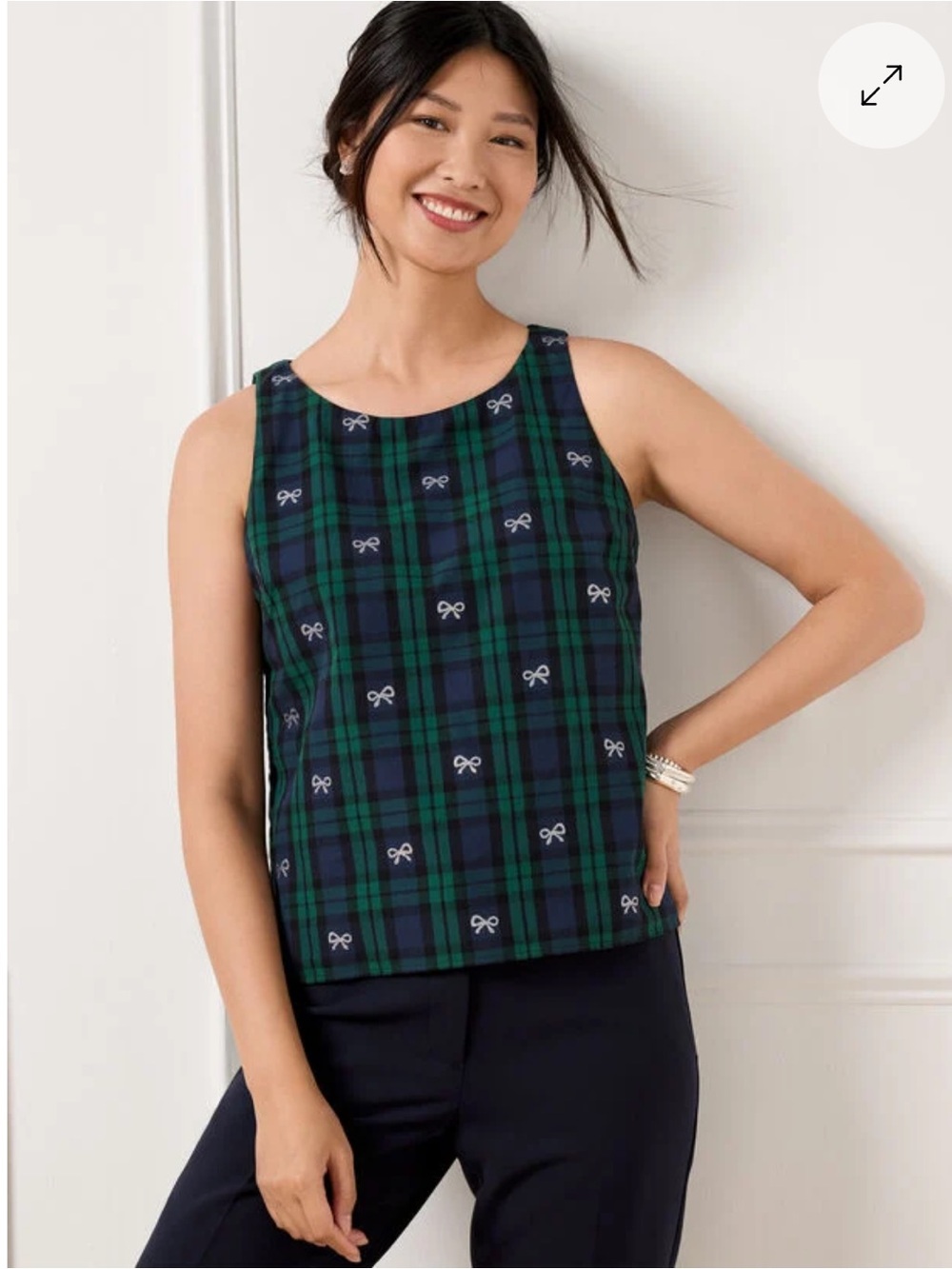 Talbots Green & Navy Plaid Tank Top w/ Silver Metallic Bow Detail - Size 12